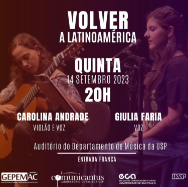 Cartaz da apresentação. O cartaz dispõe sobre uma fotografia em tons escuros as informações como nome do duo, data, horário, nomes e funções das integrantes, local e logotipos dos apoiadores. Na foto de fundo está a musicista Carolina Andrade à esquerda, uma mulher branca, de cabelos cacheados tocando violão. À direita, Giulia Faria, uma mulher branca de cabelos ondulados, sentada e posicionada em frente a um microfone.