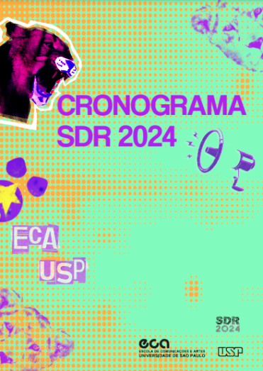 Arte digital do cronograma da Semana de Recepção 2024. Possui fundo verde com detalhes em amarelo, o texto “Cronograma SDR 2024” e “ECA USP” escrito em roxo, imagens de uma leoa, megafone e pata de leão com preenchimento e contornos roxos e logos da ECA e USP no canto inferior direito.