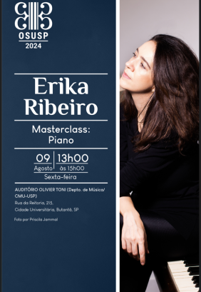 Cartaz de divulgação do evento. À esquerda, no cabeçalho, há o logo da OSUSP, e abaixo há o título do evento, data, horário, local e créditos da foto que está à direita, de uma mulher em perfil, branca, de cabelos longos, lisos e castanhos, sentada em cima das teclas de um piano, com um braço apoiado em cima de seu joelho. Ela veste calça e camisa pretas.