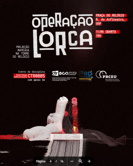 Cartaz de divulgação. A imagem tem fundo preto. Na parte inferior, há uma figura abstrata em tons brancos e vermelhos, em cima de uma plataforma, com seu reflexo distorcido abaixo. Há também formas circulares e verticais em vermelho saindo da figura, criando a sensação de movimento. No centro, está o nome do evento com letras de tamanhos diferentes e traços em volta. Estão distribuídas informações de local, a disciplina e logotipos de apoiadores.