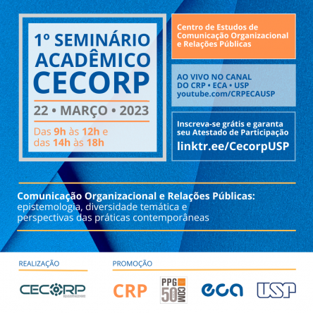 Cartaz do evento. O fundo é azul e tem caixas de texto contendo informações sobre o evento, além dos logos dos apoaiadores na parte inferior.