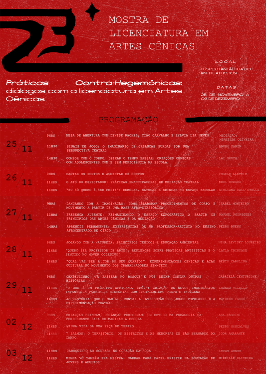 Cartaz de divulgação do evento. Sobre um fundo vermelho, está escrito em branco “Mostra de Licenciatura em Artes Cênicas” e “Práticas Contra-Hegemônicas: diálogos com a Licenciatura em Artes Cênicas”, também o local, a data e a programação do evento, com alguns detalhes em preto.