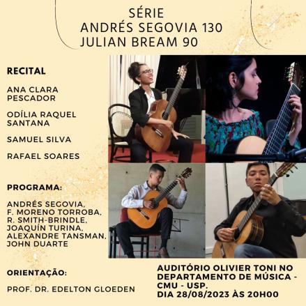 Cartaz de divulgação do recital. Uma imagem à direita que ocupa pouco mais da metade do cartaz é dividida em 4, cada uma delas com a foto de uma pessoa, dois homens e duas mulheres, sentados e segurando um violão. Em preto, centralizado, o titulo da série, e do lado esquerdo informações como o nome dos artistas e dos compositores do programa e orientador. no canto inferior direito, informações sobre data e local. O fundo é amarelo.