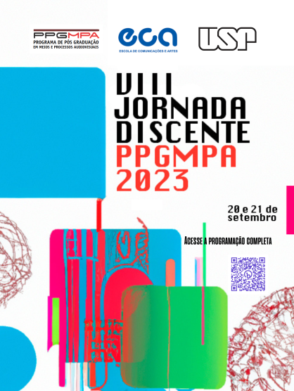 Cartaz de divulgação do evento. Em fundo branco estão dispostas figuras quadradas de cor azul e verde e várias ilustrações disformes sobrepostas. O cartaz conta com QR Code, nome do evento, logotipos de apoiadores, data e horário.