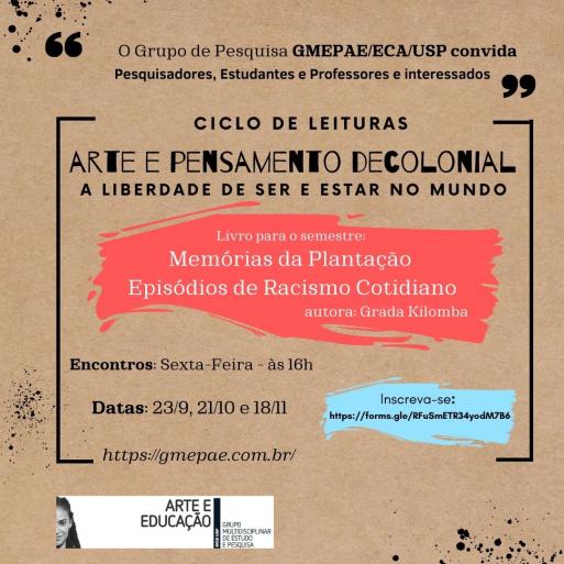 Cartaz de divulgação do evento, de fundo bege escuro, com informações de data, horário e link para inscrição. No centro, em vermelho, o nome do livro que será lido no semestre. Acima disso, o nome do ciclo de leituras. Na parte inferior, o logo do GMEPAE.