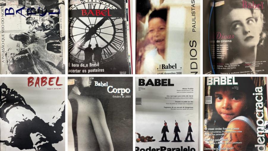 Fotomontagem com oito imagens de capas da revista Babel. A maioria das capas é em preto e branco ou cores neutras. Todas contém figuras de pessoas, o nome da revista em letras grandes e outros detalhes sobre a produção (como data e número da edição) em letras menores.