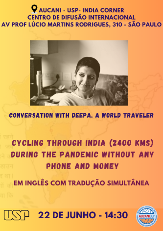 Imagem colorida, com a chamada para o evento descrito na notícia e uma foto de Deepa, a palestrante do evento.