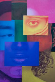 Foto de arte digital. A arte é composta por 9 imagens que se sobrepõem, formando um rosto. Cada uma delas forma uma parte da face e representa pessoas com diferentes traços raciais e características. Todas as imagens recebem um filtro colorido.