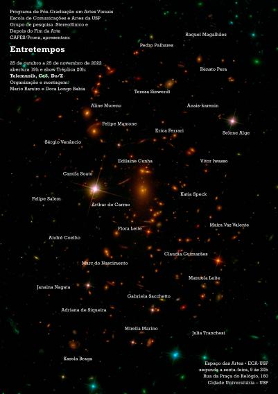 Cartaz de divulgação do evento. O fundo é a foto de uma galáxia preta com algumas estrelas alaranjadas. Informações sobre o evento e os nomes de seus participantes aparecem em letras brancas