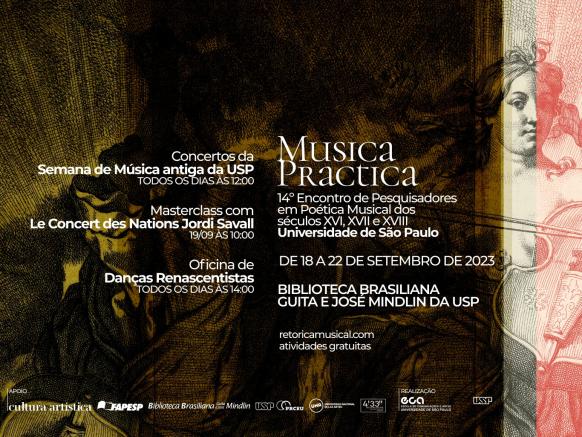 Cartaz do evento. Em destaque, informações de programação, data e local. No rodapé, logotipos de realização e apoiadores. O cartaz é composto por uma imagem em que a cor predominante é marrom, com a ilustração de uma mulher em estilo renascentista tocando um instrumento de cordas com um arco.