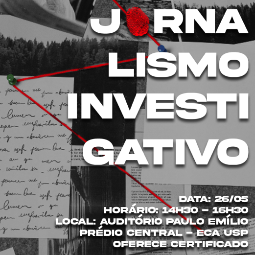 O cartaz do evento é como se fosse um mural de investigação, com um barbante vermelho passando por alfinetes, um pedaço de papel com palavras escritas à mão e algumas imagens. Por cima das imagens está o nome do evento e informações. Na palavra "jornalismo" há uma impressão digital vermelha no lugar da letra "O".