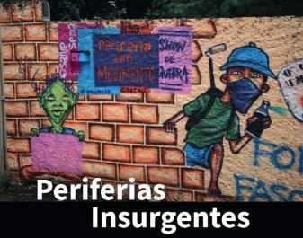 Fotografia de um grafite de um rapaz negro grafitando, com um cartaz escrito &quot;Periferia em Movimento&quot; em posição central. Na frente o título do livro &quot;Periferias Insurgentes&quot; em letras brancas. 