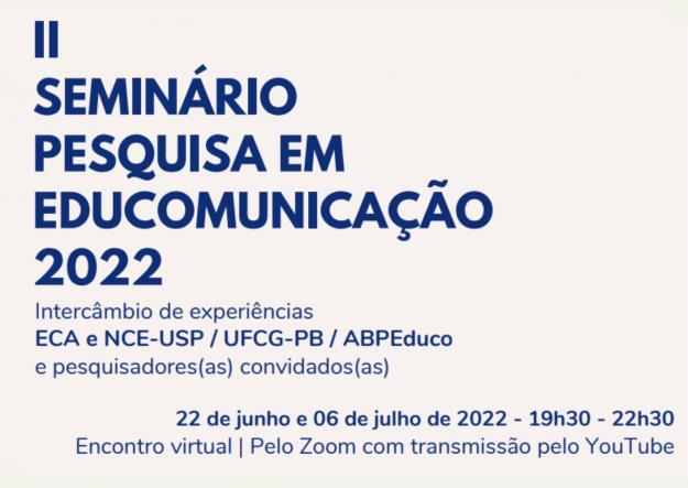 Cartaz de divulgação do evento. Sobre um fundo bege claro, destacam-se em letras azuis o nome do evento e informações sobre realizadores, dias, horários e canal do Youtube para transmissão.