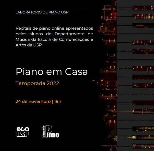 A direita, pautas de uma partitura com cor avermelhada em cartaz com fundo preto. No cartaz, informações sobre o evento