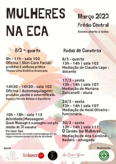 Arte digital de divulgação com as informações e horários do evento. O fundo é branco com desenhos de flores coloridas. O texto está todo em letras pretas. Na porção inferior, estão os logos das entidades que apoiam e realizam o evento.