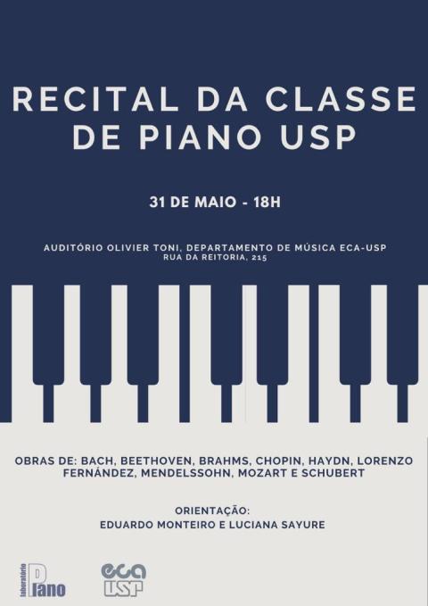 Cartaz do evento. Em destaque no cartaz está a ilustração de teclas de piano. A metade de cima do cartaz é da cor azul marinho e a parte de baixo é da cor cinza. As teclas são azuis e brancas. Ai redor estão distribuídas informações sobre o evento