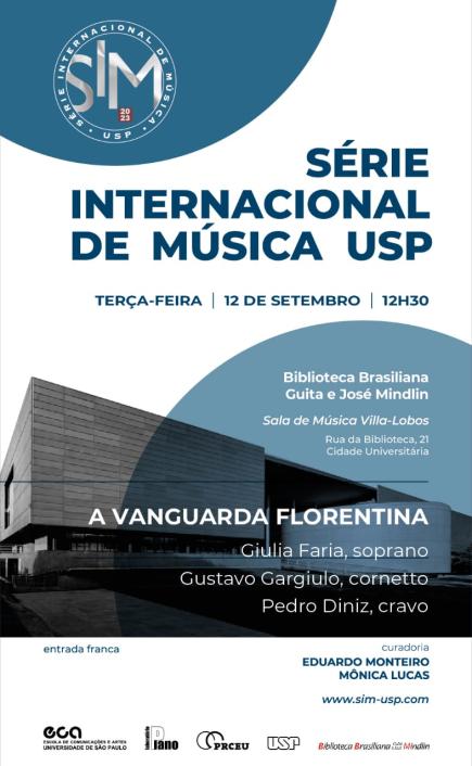 Cartaz de divulgação com nome, data, horário, local, endereço, participantes do evento e logotipos. Noplano de fundo, há uma fotografia da Biblioteca Brasiliana em preto e branco. No canto superior esquerdo e inferior direito há semicírculos azuis. As cores das fontes do cartaz são azul e branco.