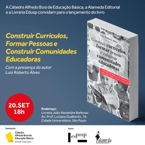  Cartaz com fundo azul e,  em branco e amarelo, informações como nome da cátedra, título do livro, nome do autor, data e endereço. Em destaque, à direita, está  uma imagem do livro que tem na capa uma menina loira sorrindo com um livro nas mãos, ao lado dela mais  ao fundo, uma criança negra de touca e outras crianças. Há uma faixa horizontal branca com logotipos de realização e apoio no rodapé do cartaz. 