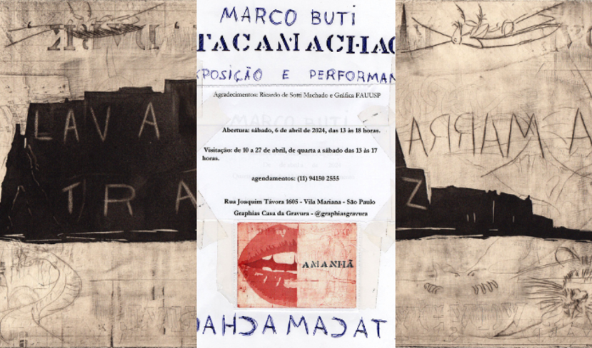 Montagem com duas imagens. Ao fundo está uma gravura do acervo “Atacamachaça”com inscrições a mão em preto sobre uma superfície em tom de bege envelhecido. Sobre a gravura e no centro está o banner de divulgação do evento, no qual constam as principais informações e a reprodução de uma obra com a ilustração, em vermelho, de metade de uma boca, tendo escrita ao lado a palavra “amanhã”.