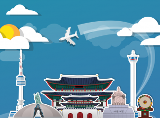 Imagem colorida com referências da arquitetura e cultura coreana. 