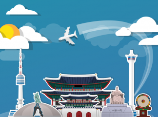 Imagem colorida com referências da arquitetura e cultura coreana.