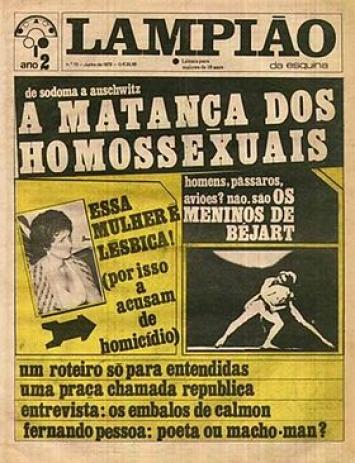 A capa de um jornal envelhecido. Na parte de cima está escrito o título "LAMPIÃO". Abaixo, a manchete "A MATANÇA DOS HOMOSSEXUAIS". Mais abaixo, em um fundo amarelo, lê-se as manchetes da edição.