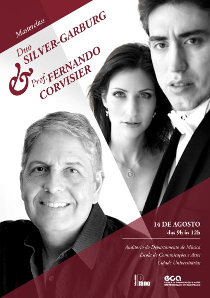 Cartaz com destaque para a foto em preto e branco de três pessoas pessoas: um homem, branco, de meia idade, grisalho sorrindo, ocupando o lado esquerdodo cartaz. Do outro lado,uma mulher branca e um homem branco olham para a câmara. A mulher tem cabelos escuros, elongos, usa brincos e um colar. O homem tem cabelos curtos escuros. O fundo do cartaz tem as cores branca e cinza claro. Na parte alta e baixa do cartaz hátriângulos vinho, sendo o de baixo é transparente e com as informações sobre a Masterclass. A foto com nome dos artistas é vinho e a fonte com data, horário e logos é branca.