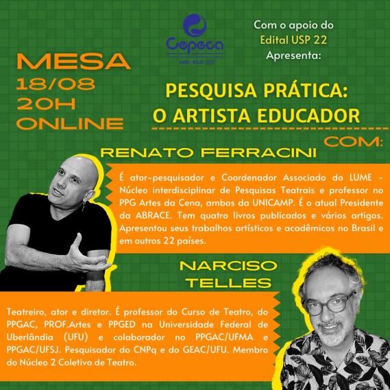 O segundo cartaz, do Artista Educador, conta com as mesmas informações e as fotos dos dois palestrantes em preto e branco.