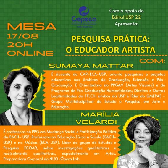 Cartazes de divulgação do evento. Ambos possuem um fundo verde quadriculado, com o símbolo do Cepeca na parte superior. O primeiro traz as informações da mesa do Educador Artista, com data, horário e o currículo das duas participantes, bem como fotos delas em preto e branco.