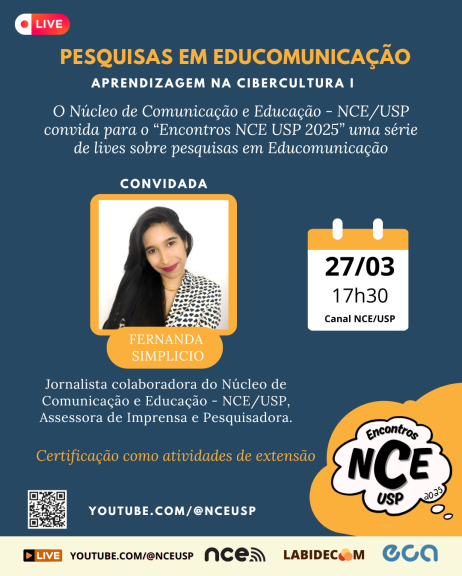 Cartaz de divulgação do evento. Sobre um fundo azul escuro, destaca-se a foto e breve currículo da convidada Fernanda Simplício, uma mulher parda de cabelos escuros, compridos e lisos e blazer estampado branco e preto. O nome e outras informações sobre o evento, como data e horário, estão distribuídas pelo cartaz.