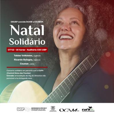 Cartaz de divulgação do evento com foto de mulher parda com cabelos crespos e grisalhos, olhos castanhos, sorrindo, olhando para o alto e usando batom vermelho. Ela veste blazer azul escuro e segura um violão. Na imagem estão as informações do evento como título, data, horário, local, parceria e ingresso. O rodapé é branco e tem os logotipos da USP, OSUSP, OCAM e CUFA.