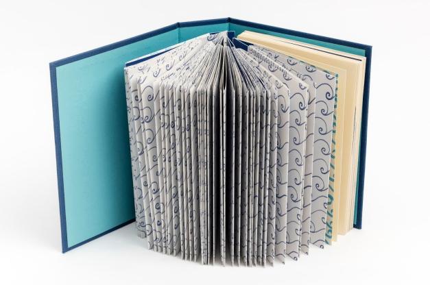 Foto de livro de capa azul, aberto e em pé, com as páginas expostas. No centro, há páginas brancas com desenhos de ondas azuis. As páginas finais, à direita da imagem, são amareladas.