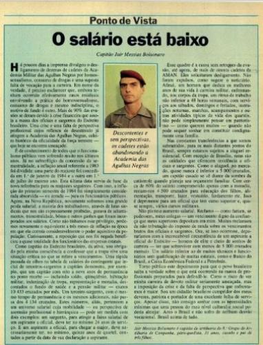 Foto de uma página de revista impressa. O nome da seção, Ponto de Vista, está no topo em letras pretas. Abaixo dele, estão o título do texto, “O salário está baixo”, e o nome do autor dele, “Capitão Jair Messias Bolsonaro”. Abaixo, centralizada, está uma foto do atual presidente. Ele é branco e usa farda do Exército. O fundo da página é azul claro . O texto está em letras pretas pequenas.