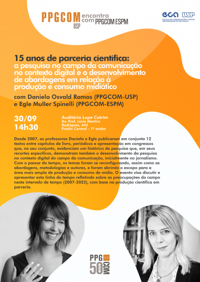 Cartaz de divulgação do evento. A parte central apresenta o nome e a descrição do evento, com informações de local, data e horário, além do nome das palestrantes. Essa parte encontra-se sobre um fundo laranja. Na parte de baixo, estão as fotos das palestrantes em preto e branco.