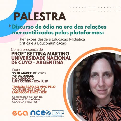 Cartaz do evento. O cartaz possui uma cor predominantemente bege, com a foto de uma mulher branca, cabelos escuros na altura do pescoço e expressão séria. Usa uma roupa com listras pretas e laranjas e brincos. No lado esquerdo, informações sobre o evento. Na parte inferior, os logos da ECA e do NCE.