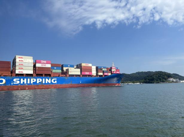 Foto de um navio azul e vermelho com muitos contêineres coloridos empilhados. Na parede do navio está escrito “shipping” em letras grandes e brancas. O navio está no mar azul e, atrás dele, uma montanha verde. O céu também está azul com algumas poucas nuvens brancas.