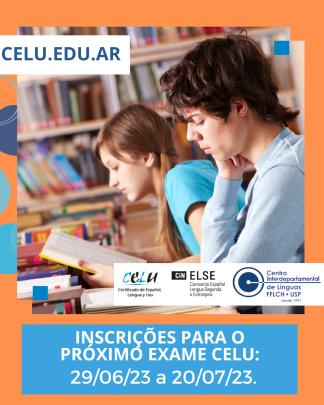 Imagem colorida, com a foto de dois jovens estudando e a chamada para o exame CELU