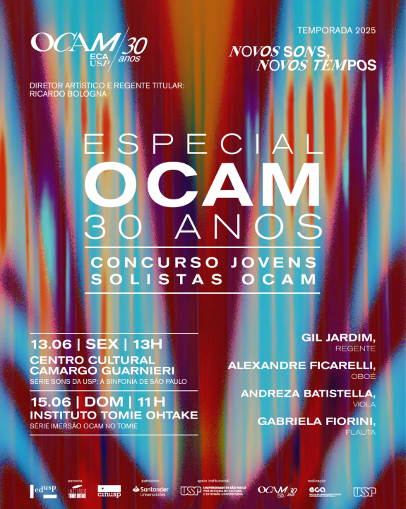 Cartaz de evento com o fundo com listras e manchas verticais de diferentes cores, com destaque para as cores azul e vermelha, com efeito luminoso. O título está em destaque no centro em fontes brancas. No topo está o logotipo de aniversário da orquestra, à esquerda, e o nome da série, à direita. Locais, datas e horários estão abaixo do título, nome dos convidados especiais e logotipos de realização em uma régua no rodapé.