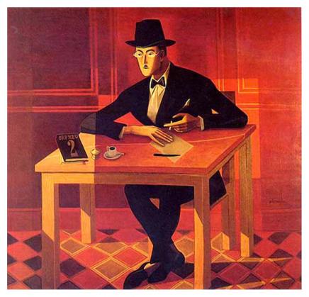 Pintura do artista português Almada Negreiros retrata Fernando Pessoa, vestido de terno e usando chapéu e óculos, sentado na mesa de um café. Na mesa há papel, caneta, uma xícara de café e uma edição da revista Orpheu. A pintura tem um fundo em tons de vermelho e laranja, o escritor se destaca em cores branco e preto. 