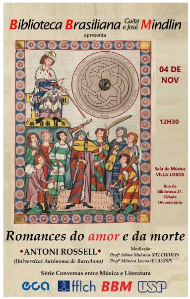 Cartaz de divulgação do evento. No topo, há o local do evento, em fonte preta e vermelha. Abaixo, há uma ilustração típica da idade média, com músicos segurando alaúdes, rabecas e flautas e, no canto superior direito dela, há uma foto do disco de Antoni Russell. Ao lado, há a data, horário e local do evento, em fonte vermelha. No rodapé, há o título e participantes do evento, em fonte preta e vermelha, e logos dos apoiadores. O fundo é bege.