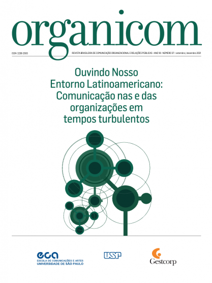 Capa da revista Organicom. Sobre um fundo branco, destacam-se, em letras verdes, o nome da revista e do tema. Na parte central, uma ilustração de círculos em diferentes tons de verde e diversos tamanhos, que se sobrepõem e se ligam entre si por linhas horizontais. Na parte inferior, as logomarcas da ECA, da USP e do curso de pós-graduação lato sensu Gestcorp.
