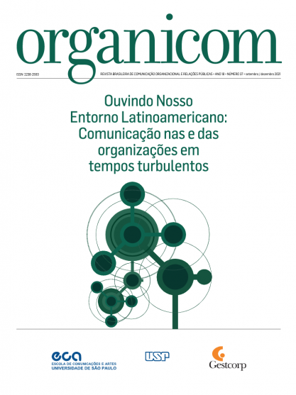 Capa da revista Organicom. Sobre um fundo branco, destacam-se, em letras verdes, o nome da revista e do tema. Na parte central, uma ilustração de círculos em diferentes tons de verde e diversos tamanhos, que se sobrepõem e se ligam entre si por linhas horizontais. Na parte inferior, as logomarcas da ECA, da USP e do curso de pós-graduação lato sensu Gestcorp. 