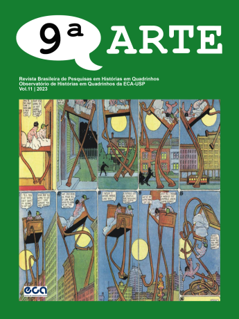 capa da revista 9ª Arte vol11 de 2023. Fundo verde, acima o título da revista e no centro dez quadrinhos.