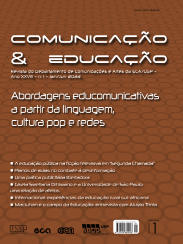 capa da última edição. Sobre um fundo marrom, destacam-se, na parte superior, os dizeres Comunicação &amp; Educação, seguidos por textos descritivos sobre a revista, o nome do dossiê e títulos de alguns dos artigos que compõem o número. No rodapé, os logotipos da USP, da ECA, do CCA e da ABCD, além de um código de barras e a identificação do ano e do número da publicação. 