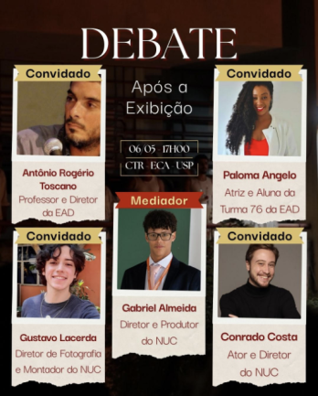 Cartaz do filme. Sobre uma fotografia em tonalidade avermelhada e escura de pessoas celebrando em torno de uma chama de fogo está a palavra estreia em marca d’água e o título do filme: Não é a última ceia, seguido de data, horário e local de exibição, tudo em fonte branca. No rodapé, estão os logotipos do CTR, da ECA, da EAD e do Ágora ECA.