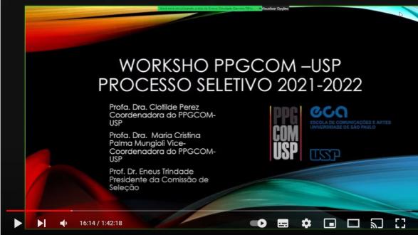 Print do canal do youtube da ECA, com um vídeo do workshop sobre o processo seletivo para mestrado. Na imagem, uma apresentação de slides com informações sobre o processo, no canto superior esquerdo imagem da webcam do professor. 