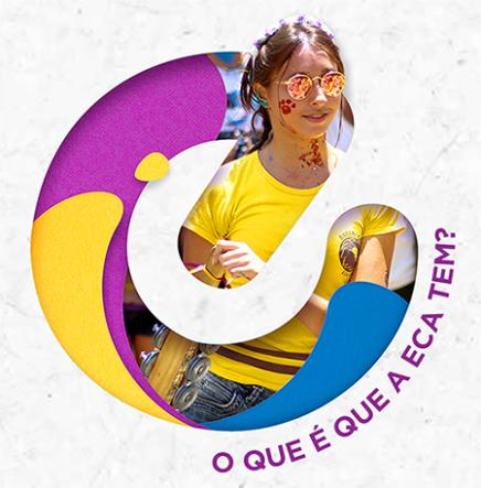 Montagem fotográfica com elementos do logo da Semana de Cultura e Extensão mesclados com a imagem de uma mulher branca que usa óculos escuros espelhados e camiseta amarela. No conjunto também há a frase: O que é que a ECA tem?