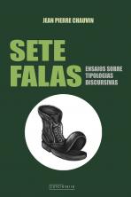 Capa do livro 'Sete falas'. O fundo é verde-escuro. Na parte inferior há um círculo branco com o desenho de uma bota com a sola aberta.  Acima, o título em verde claro.