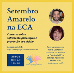 Flyer de divulgação do Setembro Amarelo de 2020. Os retratos dos convidados aparecem à direita sobre fundo amarelo, enquanto as informações à esquerda.