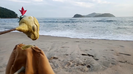 Foto de personagem encarando a praia deserta. Há algumas marcas na areia e o mar está calmo. O céu tem algumas nuvens e há algumas pequenas ilhas na linha do horizonte.